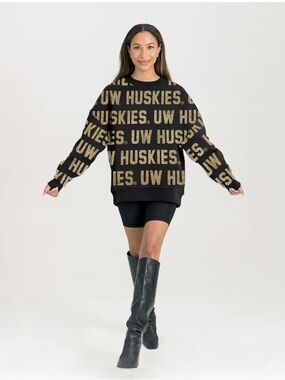 UW Huskies Black & Gold Logo Knit Sweater. Bedazzled